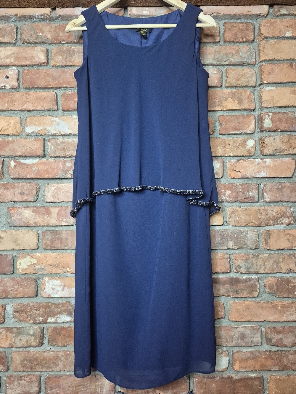 Oblique Navy Blue Beaded Chiffon Overlay Sleeveless Midi Sheath Dress Size 8